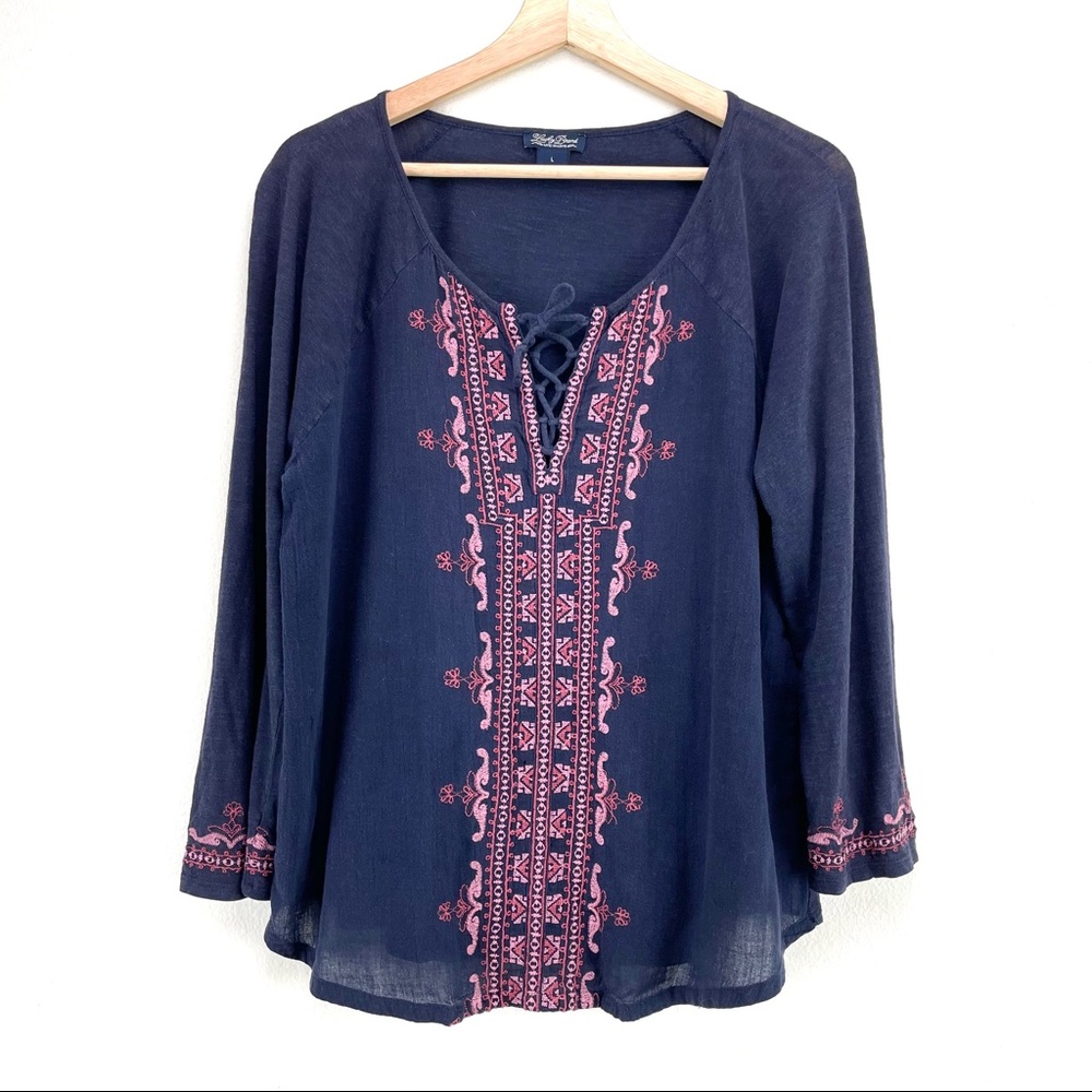Lucky Brand Lace Up Front Embroidered Peasant Top - Picture 1 of 7